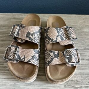 J Slides Beige Snake Pattern Sandals with Silver Accents
